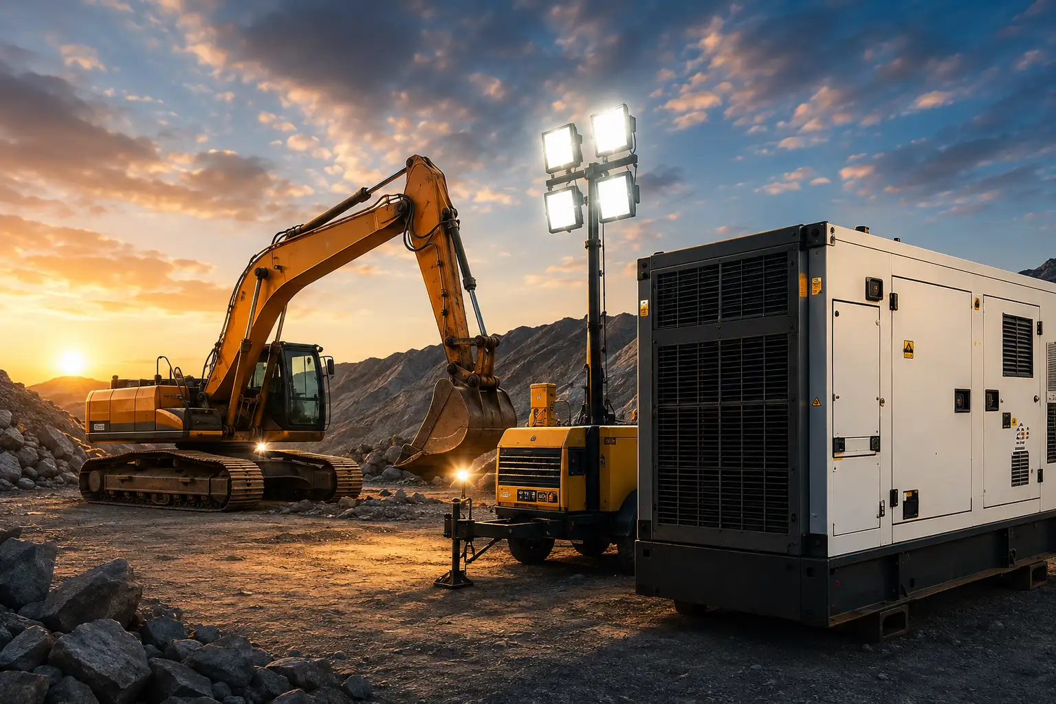 Standby power generator and earthmoving equipment on site at sunset